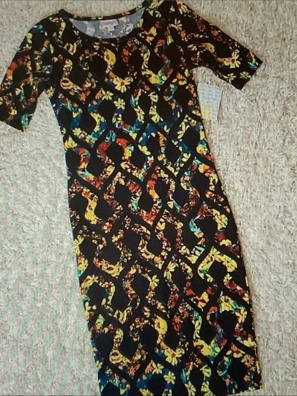 LuLaRoe Black Midi Dress with Yellow, Red, Blue & Green Floral Lattice